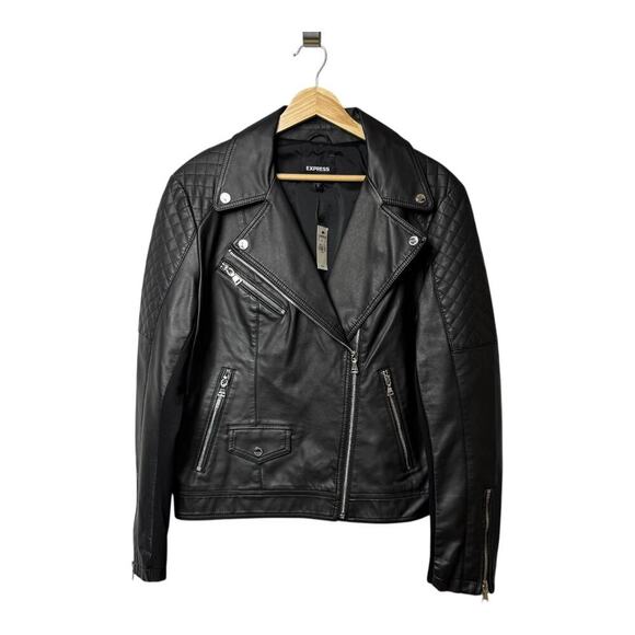 Express black faux leather quilted moto jacket size large NWT - Picture 3 of 9
